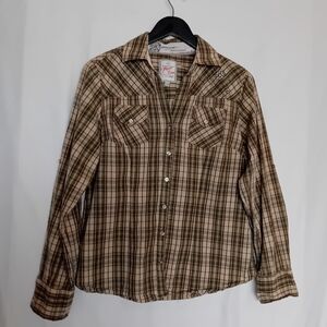 Point Zero Nicole Benisti Plaid Button-Up Shirt With Rhinestone Detail - L